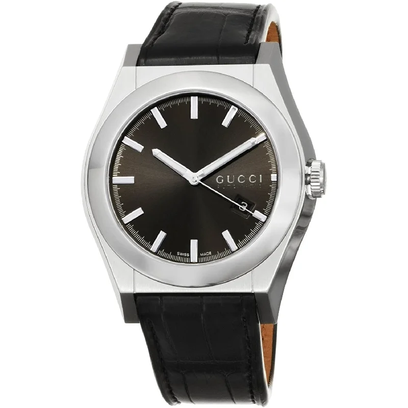 Worn leather watches-Gucci Men's YA115203 115 Pantheon Black Leather Watch