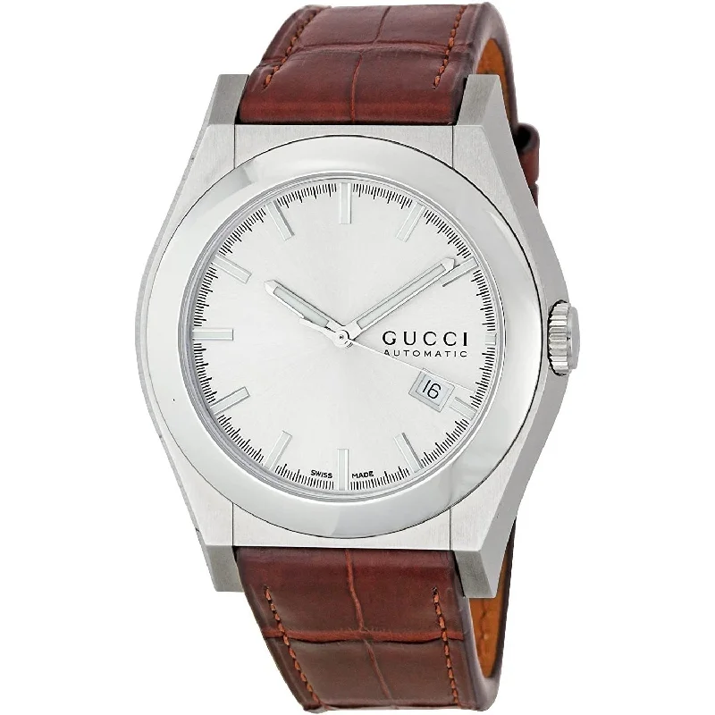 Green face watches-Gucci Men's YA115204 115 Pantheon Brown Leather Watch