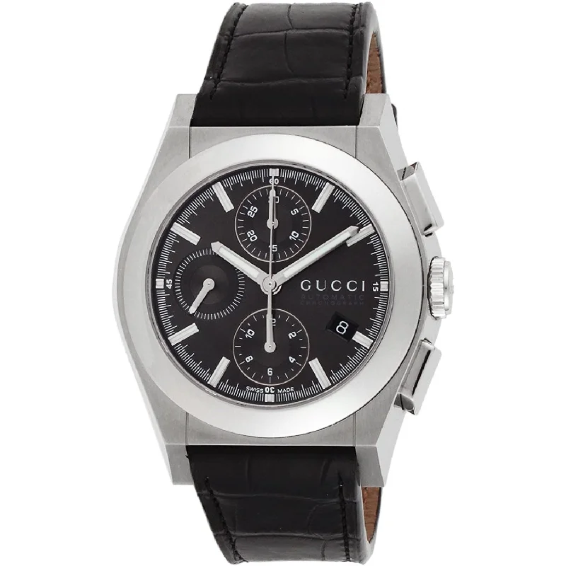 Bold strap watches-Gucci Men's YA115207 115 Pantheon Chronograph Black Leather Watch