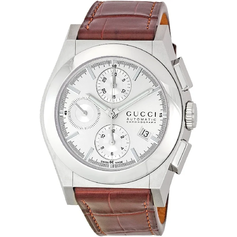 Light dial watches-Gucci Men's YA115208 115 Pantheon Chronograph Brown Leather Watch