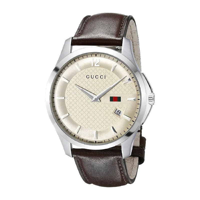 Pearl bezel watches-Gucci Men's YA126303 G-Timeless Brown Leather Watch