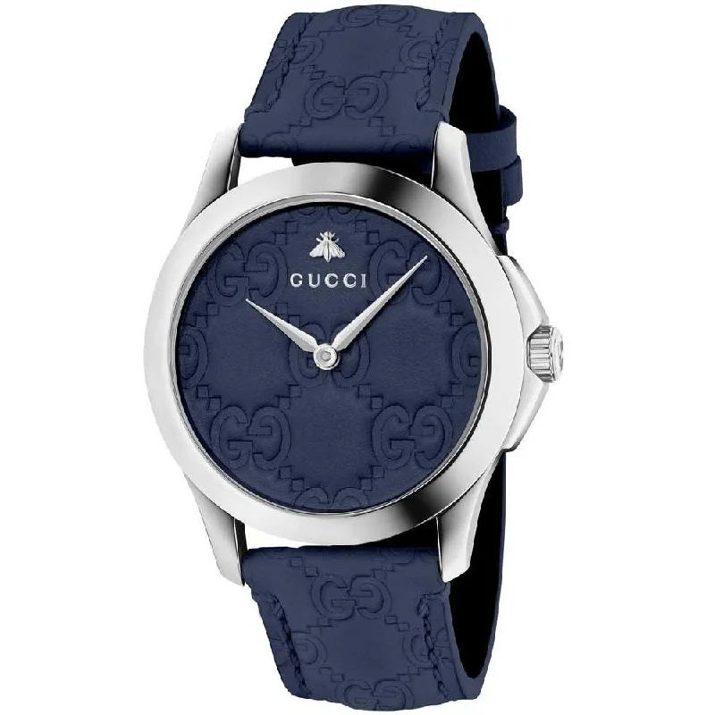 Steel face watches-Gucci Men's YA1264032 G-Timeless Guccissima Embossed Blue Leather Watch