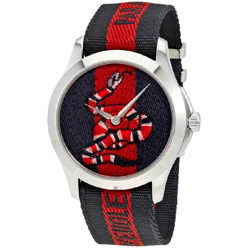 Neon dial watches-Gucci Men's YA126493 Le Marches des Marveilles Embroidered Kingsnake Red and Blue Nylon Watch