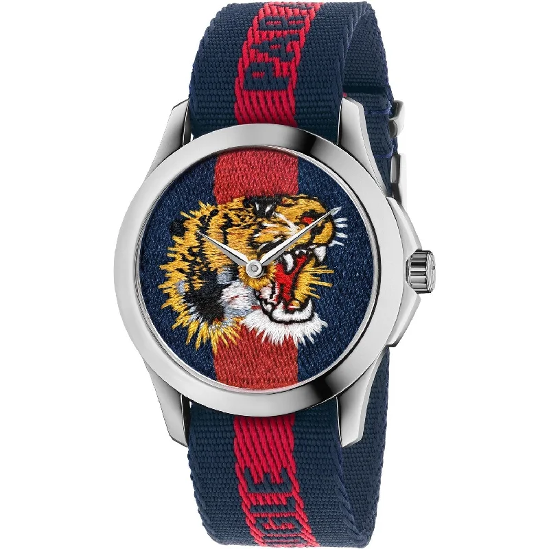 Shiny gold watches-Gucci Men's YA126495 Le Marches des Marveilles Embroidered Tiger Red and Blue Nylon Watch