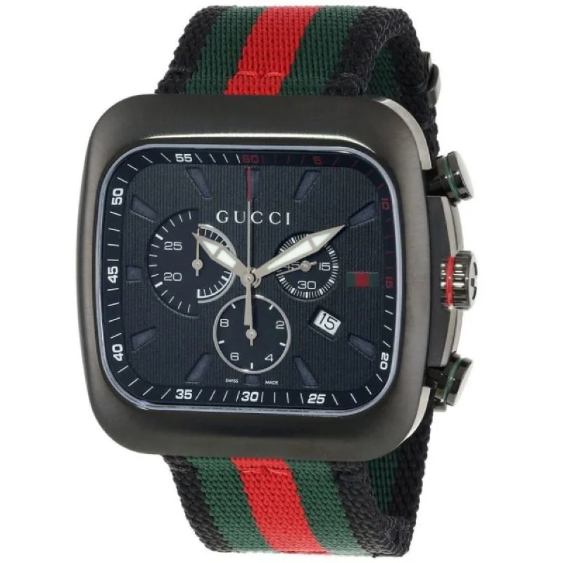 Square strap watches-Gucci Men's YA131202 Coupe Chronograph Gucci pattern Nylon Watch