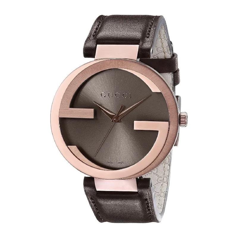 Gem face watches-Gucci Men's YA133207 Interlocking-G Brown Leather Watch