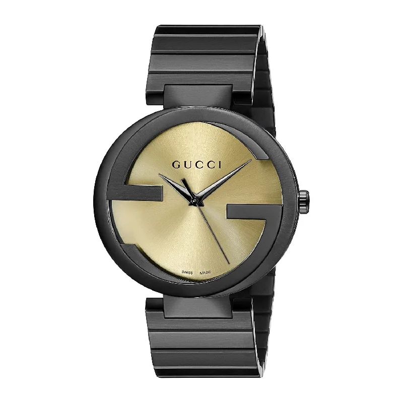 Textured band watches-Gucci Men's YA133209 Interlocking-G Black Stainless Steel Watch