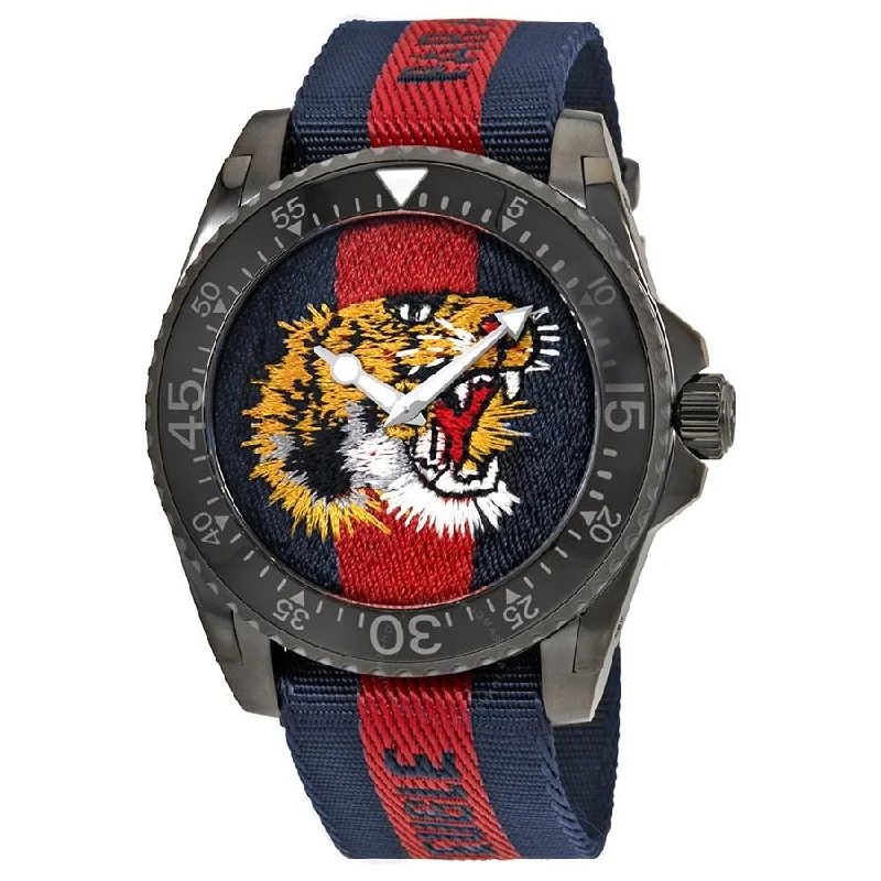 Retro slim watches-Gucci Men's YA136215 Dive Tiger Embroidered Dial Red and Blue Nylon Watch